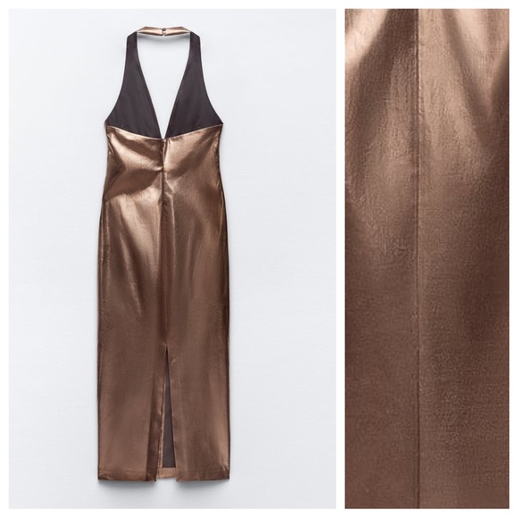 Zara Dresses Nwt Zara Bronze Halter Neck Midi Dress With Metallic